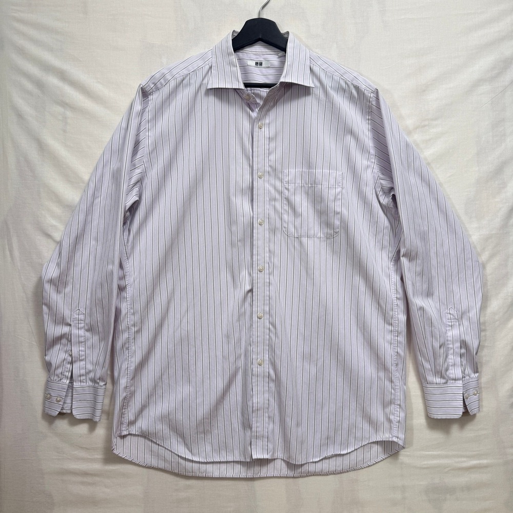 Uniqlo‎ Button Down Shirt Mens XL Lavender White Striped Long Sleeve Regular Fit